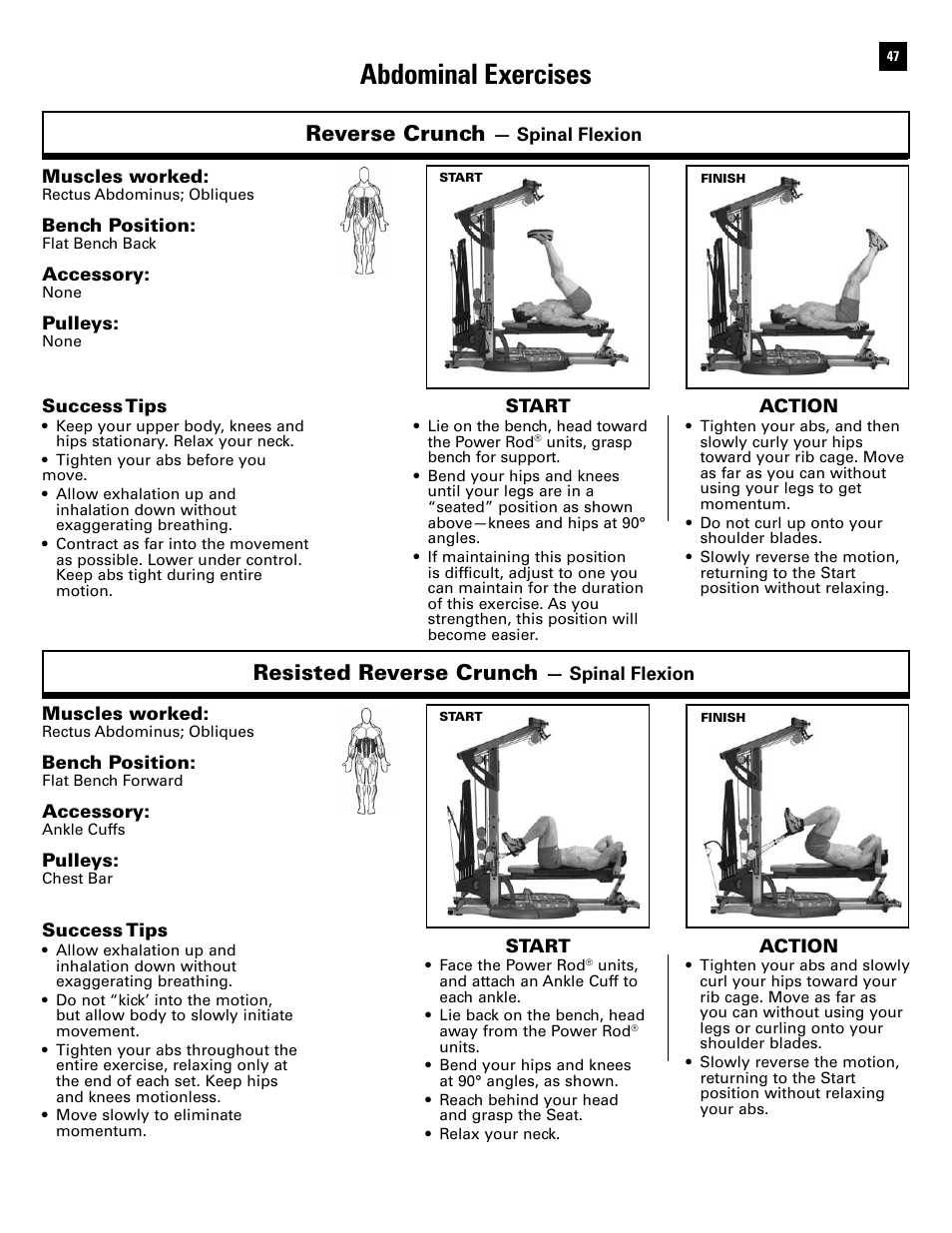 Abdominal exercises, Reverse crunch, Resisted reverse crunch | Bowflex Ultimate 2 User Manual | Page 49 / 88