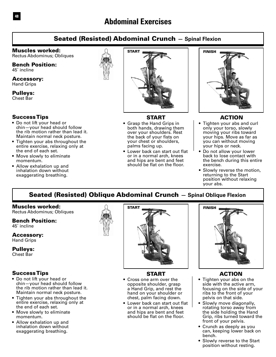 Abdominal exercises, Seated (resisted) abdominal crunch, Seated (resisted) oblique abdominal crunch | Bowflex Ultimate 2 User Manual | Page 50 / 88