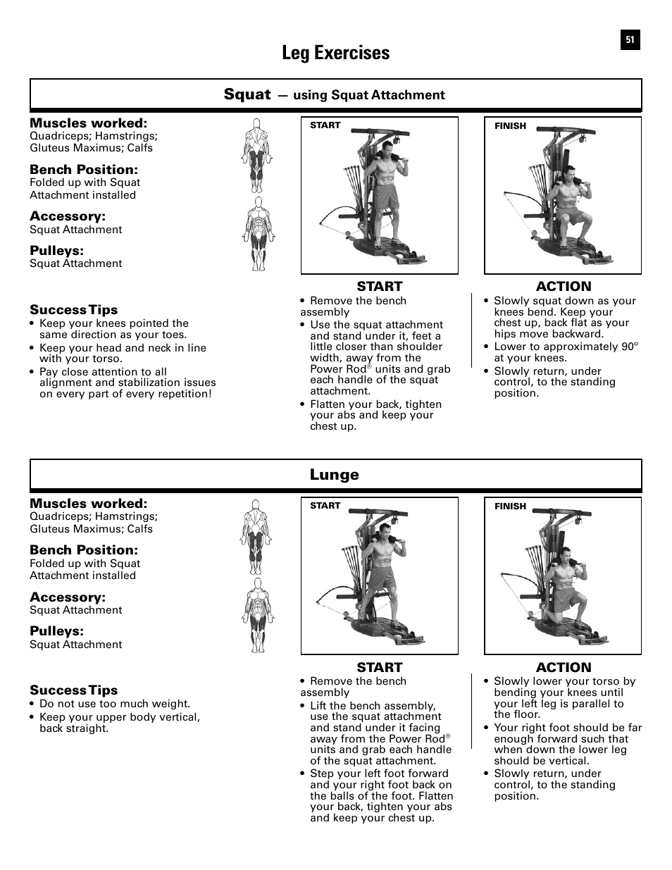 Leg exercises, Squat, Lunge | Bowflex Ultimate 2 User Manual | Page 53 / 88