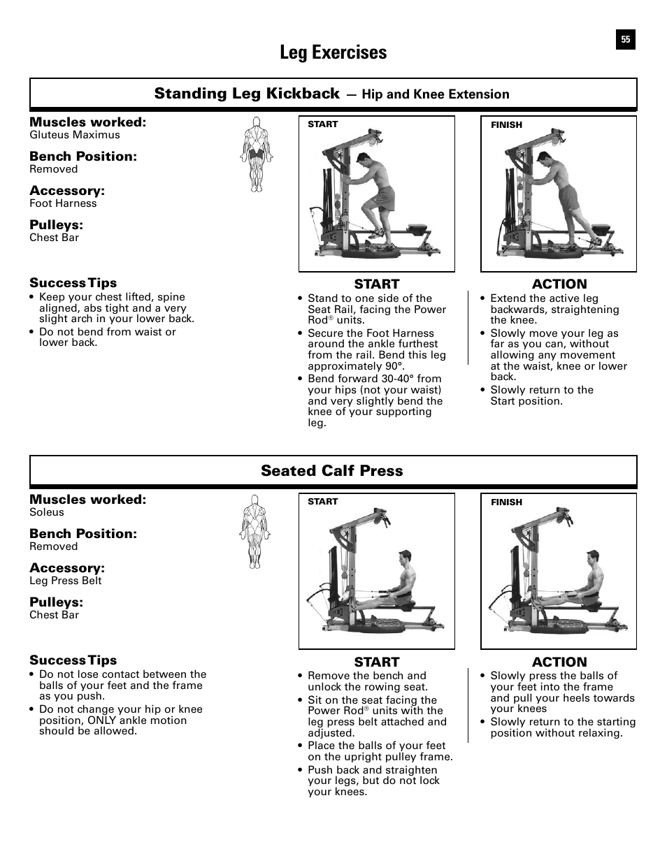 Leg exercises, Standing leg kickback, Seated calf press | Bowflex Ultimate 2 User Manual | Page 57 / 88