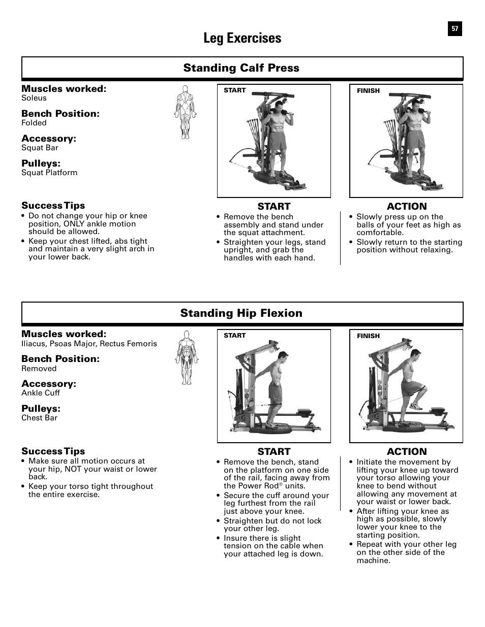 Leg exercises, Standing calf press, Standing hip flexion | Bowflex Ultimate 2 User Manual | Page 59 / 88