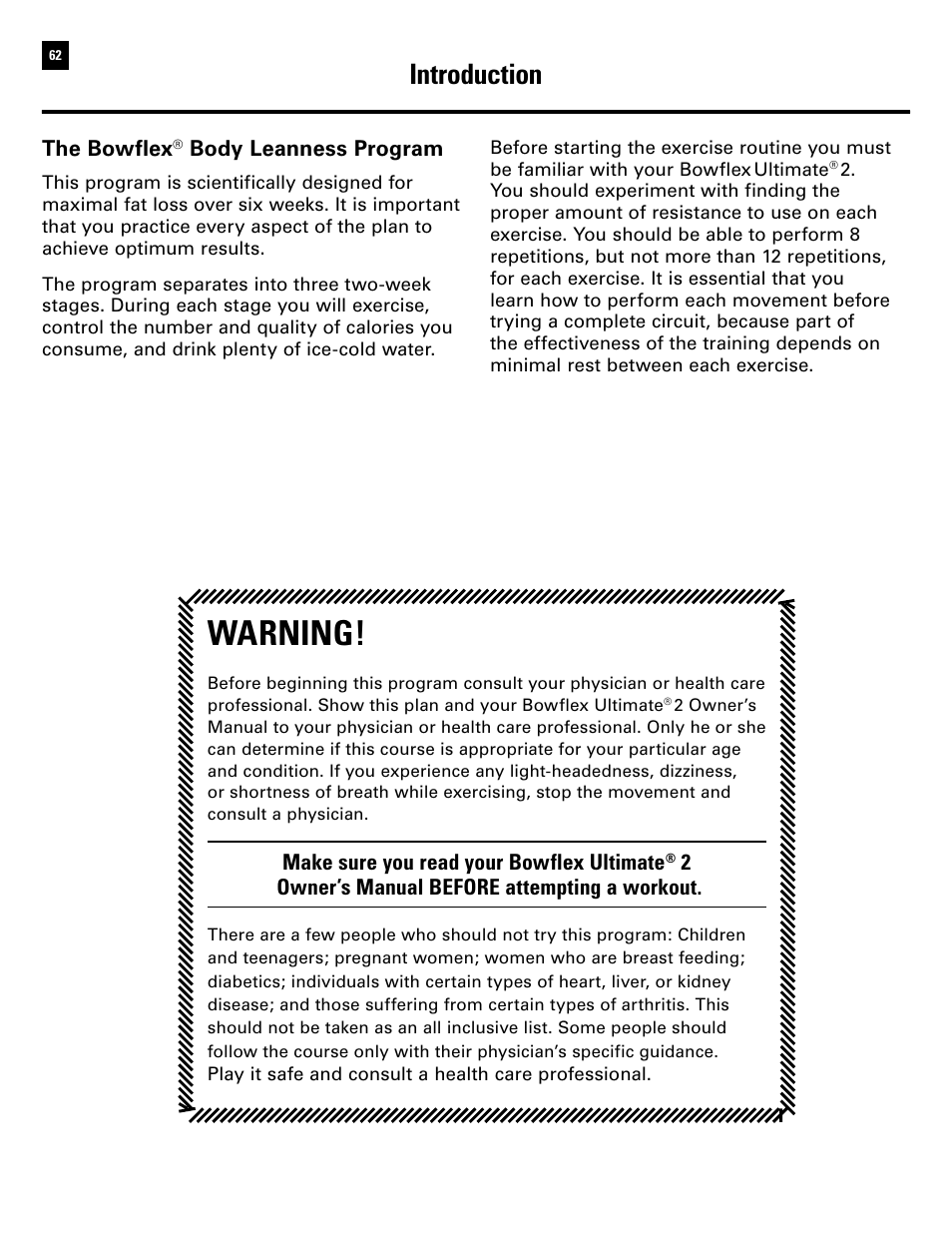 Warning, Introduction | Bowflex Ultimate 2 User Manual | Page 64 / 88