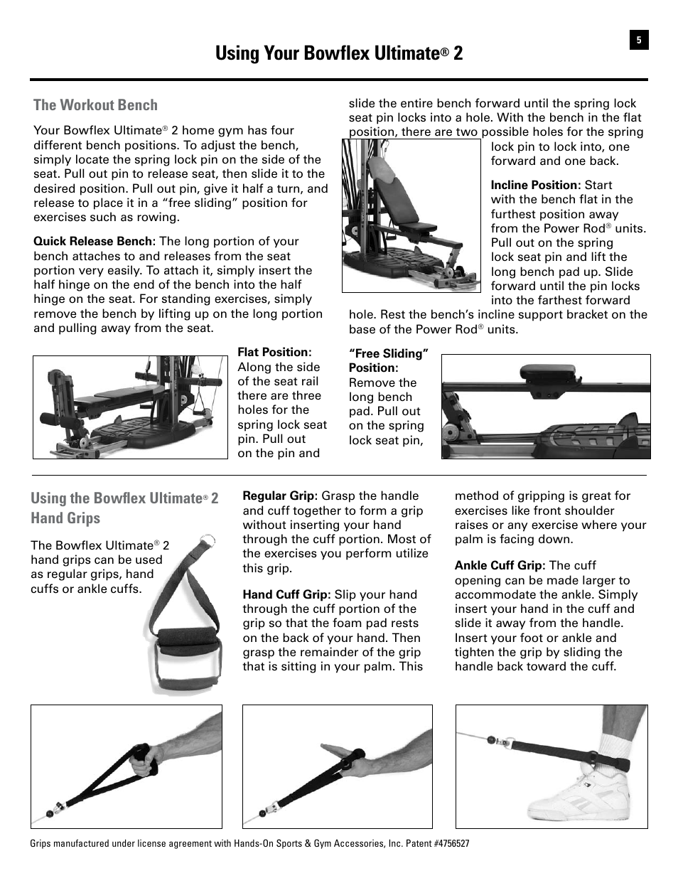 Using your bowflex ultimate, Using the bowflex ultimate, 2hand grips | The workout bench | Bowflex Ultimate 2 User Manual | Page 7 / 88