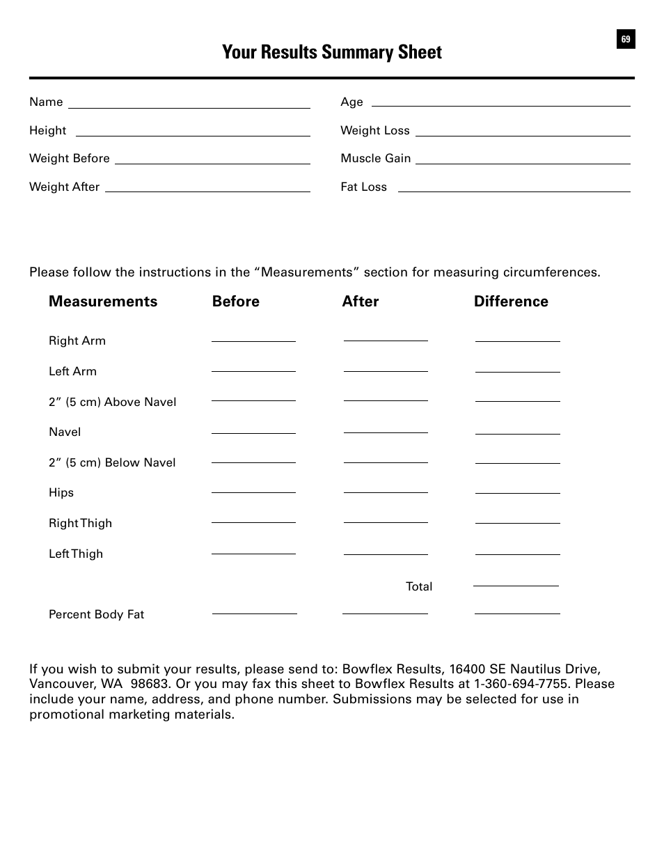 Your results summary sheet | Bowflex Ultimate 2 User Manual | Page 71 / 88