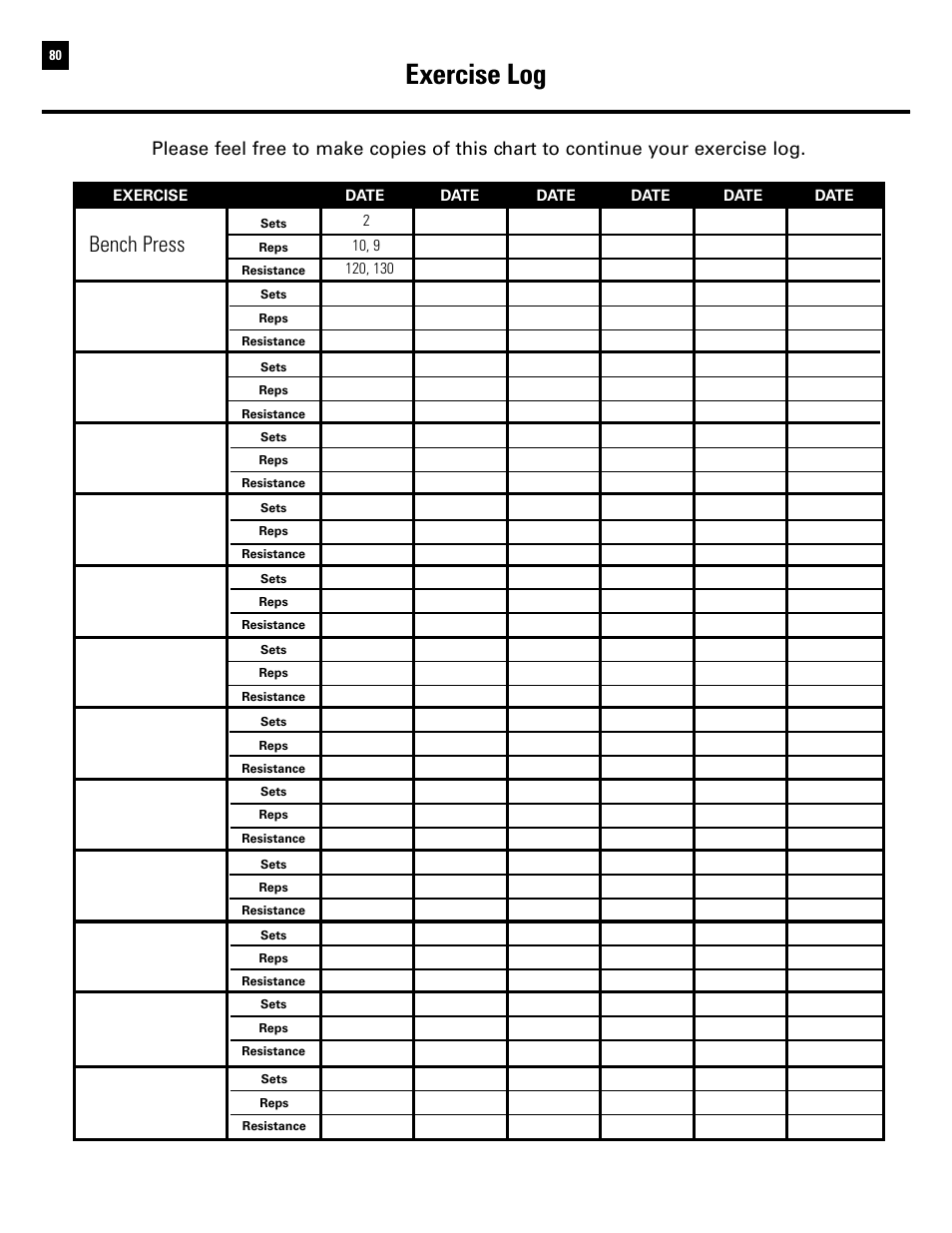 Exercise log, Bench press | Bowflex Ultimate 2 User Manual | Page 82 / 88