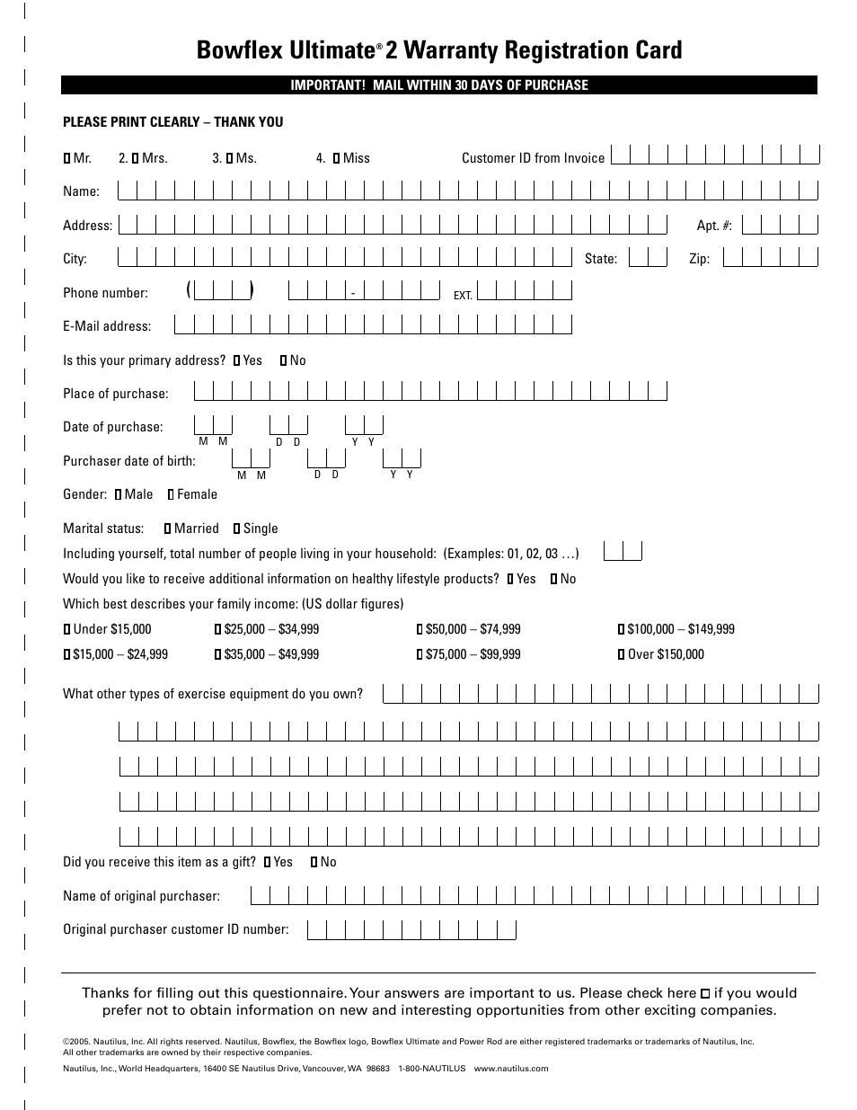 Bowflex ultimate, 2 warranty registration card | Bowflex Ultimate 2 User Manual | Page 85 / 88