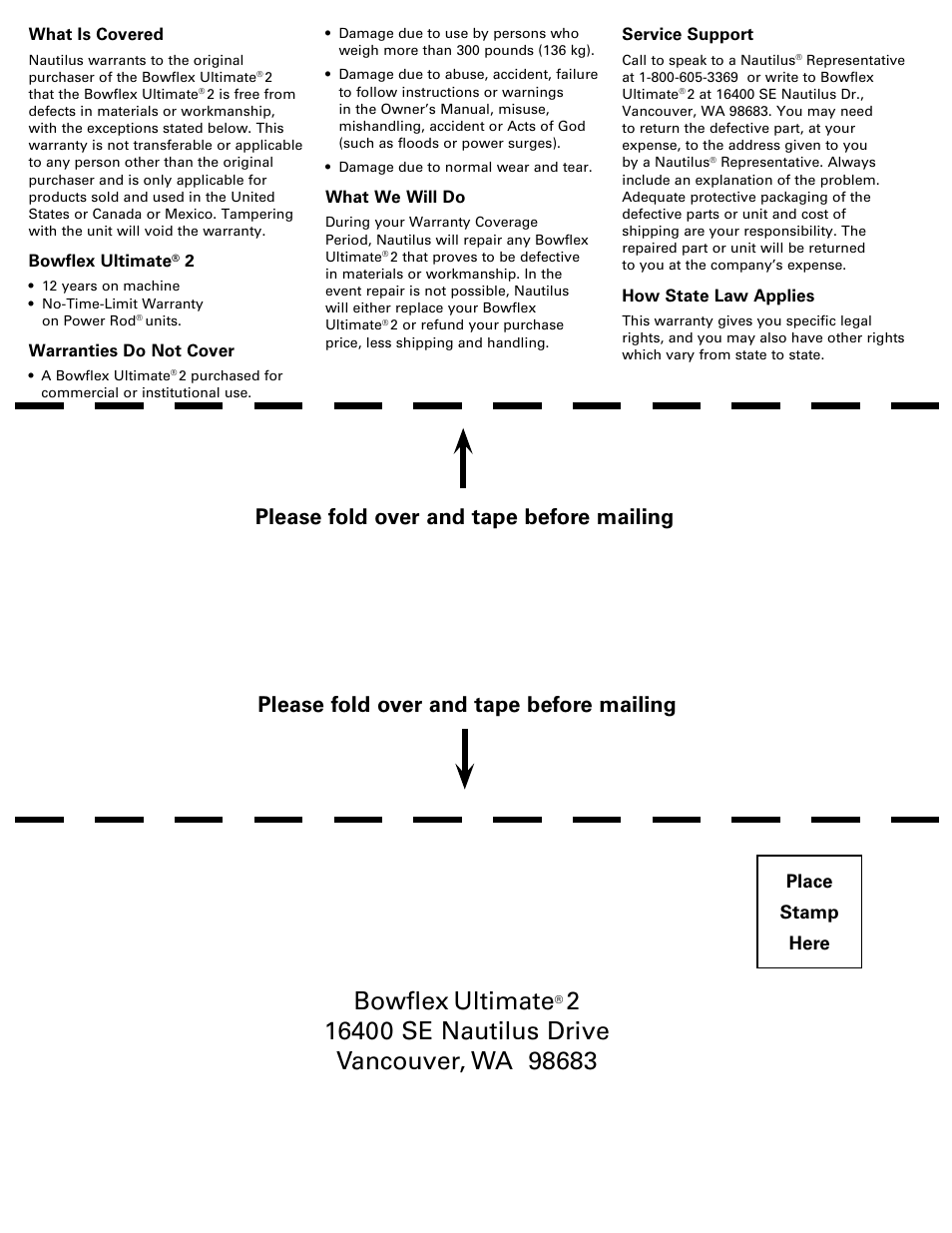 Bowflex, Ultimate, Please fold over and tape before mailing | Bowflex Ultimate 2 User Manual | Page 86 / 88