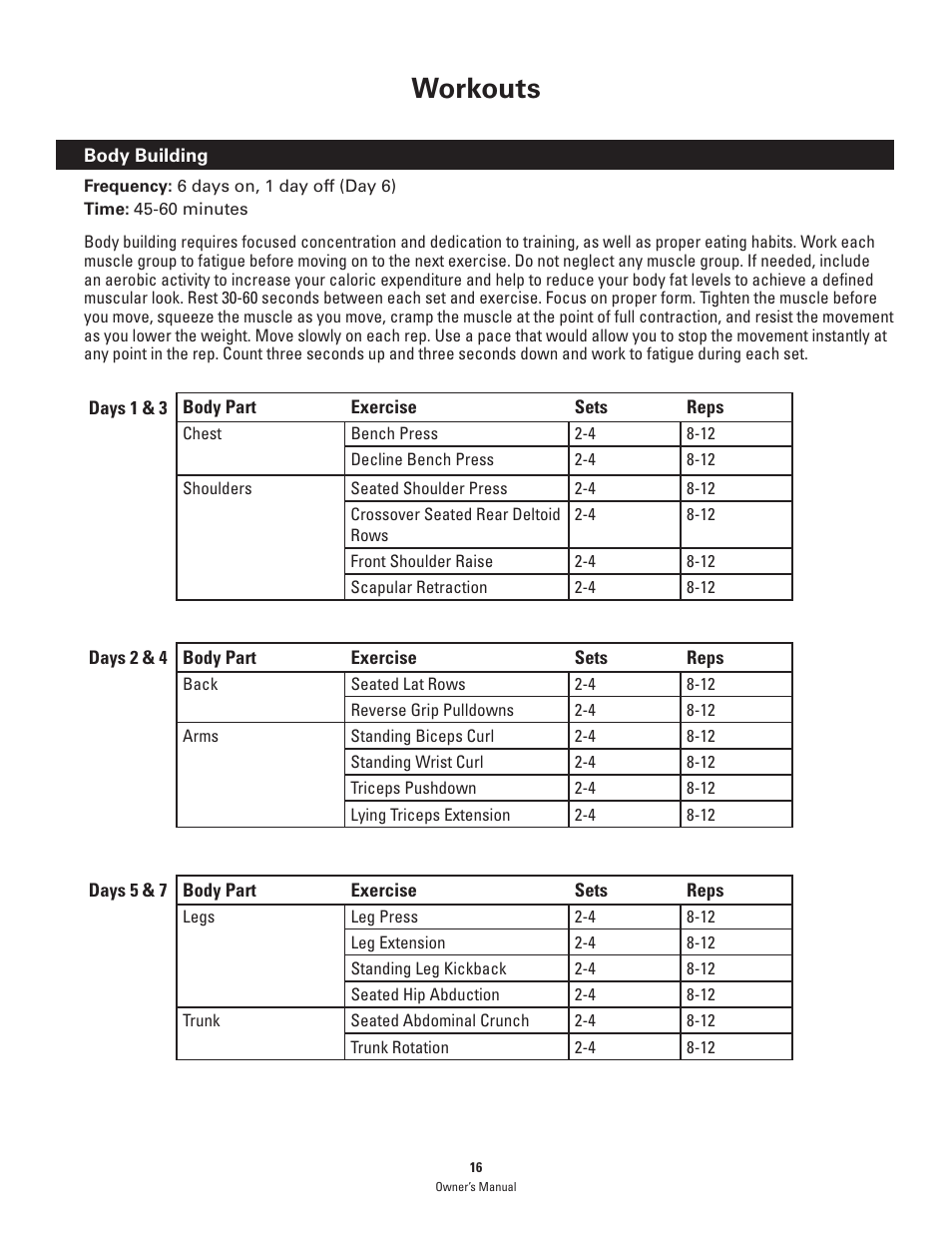 Workouts | Bowflex PR1000 User Manual | Page 16 / 36