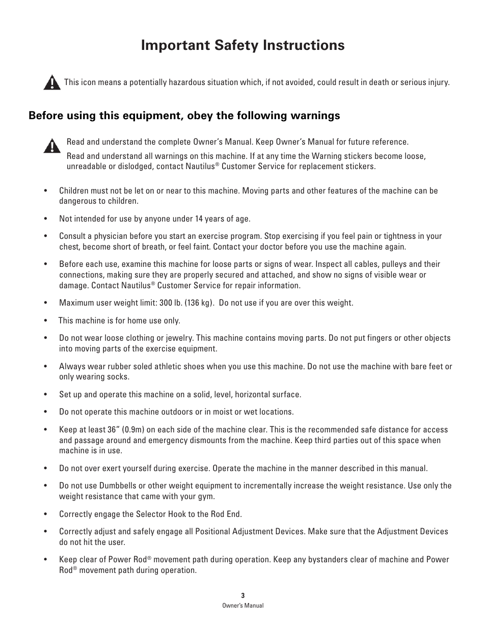 Important safety instructions | Bowflex PR1000 User Manual | Page 3 / 36
