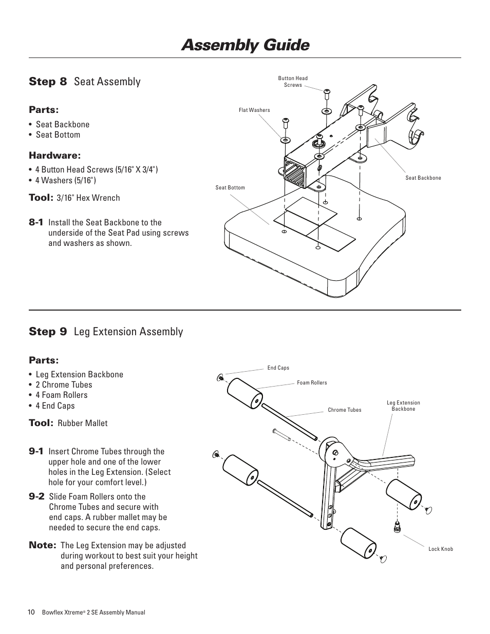 Assembly guide, Step 9 leg extension assembly, Step 8 seat assembly | Bowflex Xtreme 2 SE User Manual | Page 14 / 28