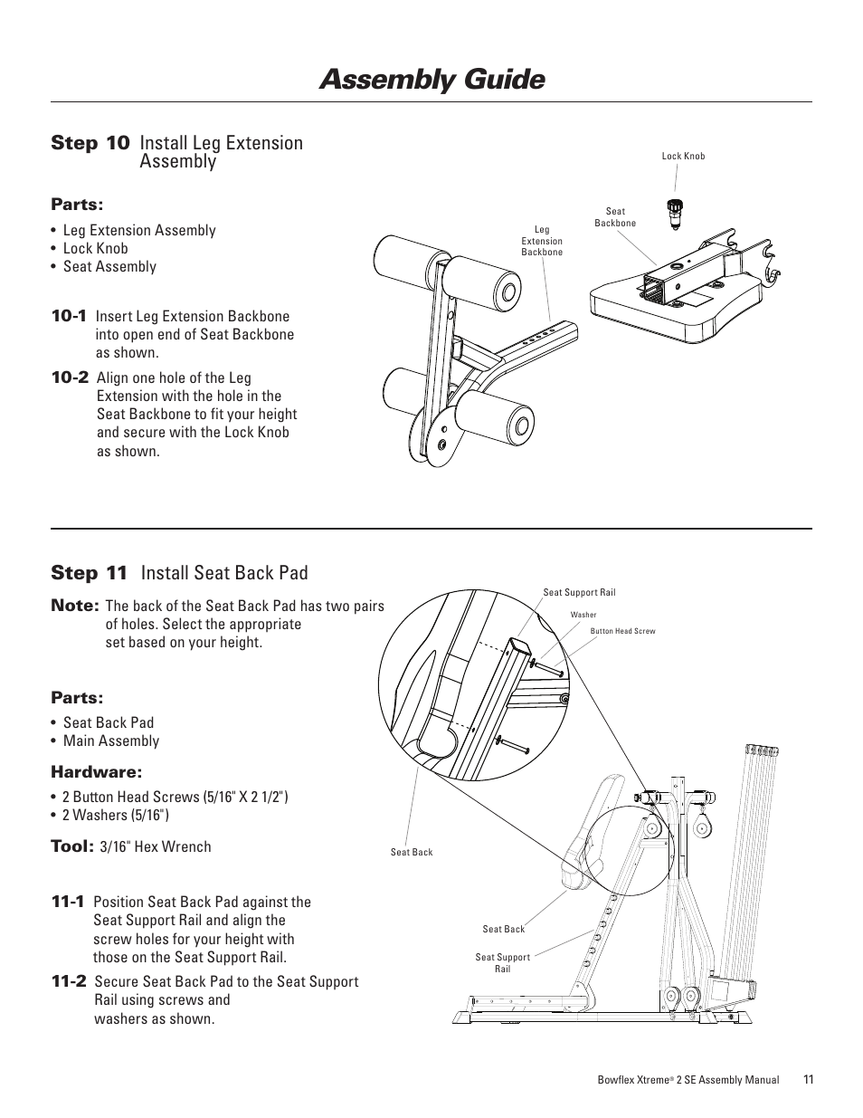 Assembly guide, Step 10 install leg extension assembly, Step 11 install seat back pad | Bowflex Xtreme 2 SE User Manual | Page 15 / 28