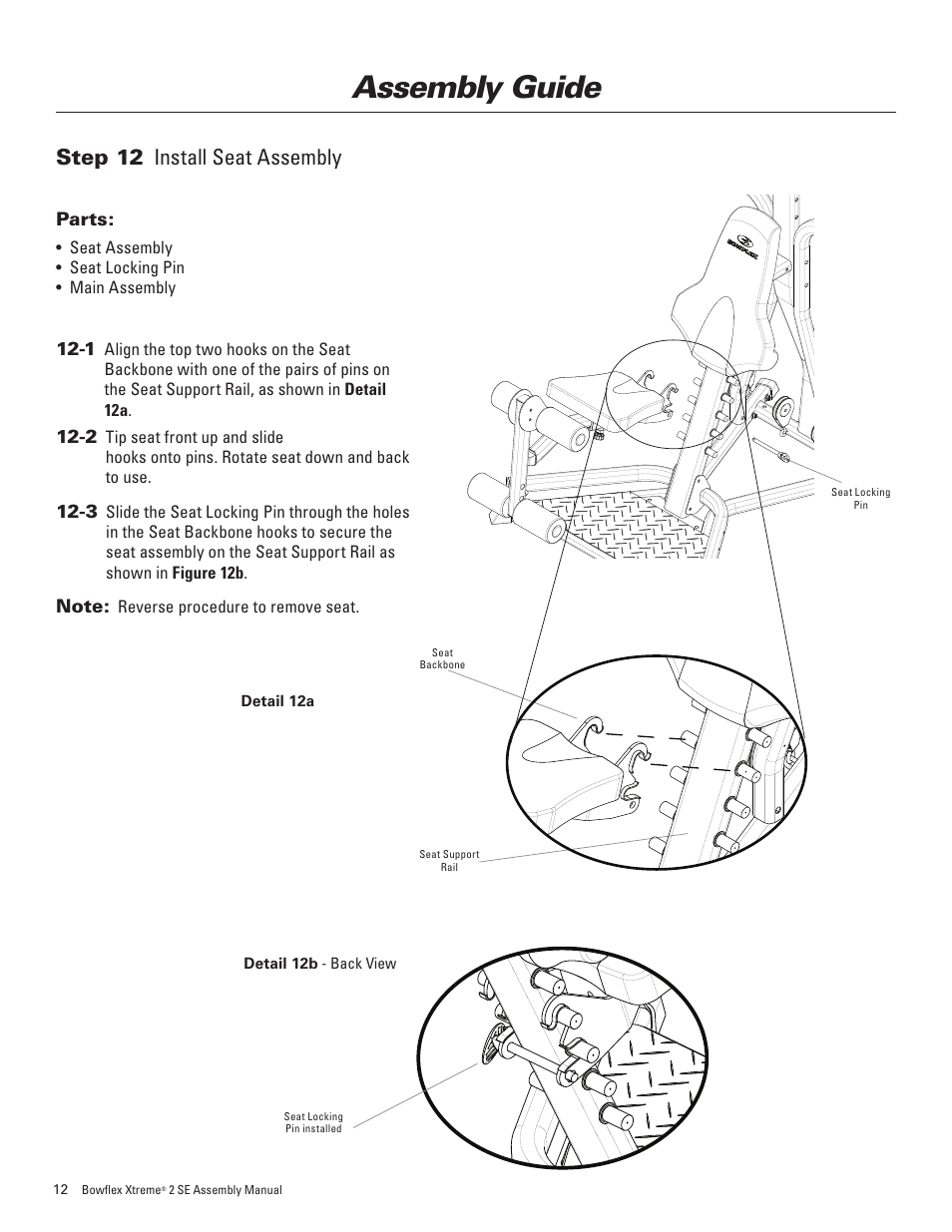 Assembly guide, Step 12 install seat assembly | Bowflex Xtreme 2 SE User Manual | Page 16 / 28