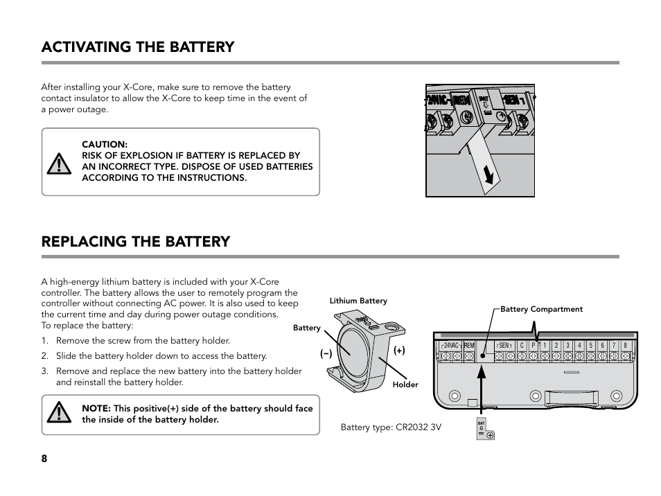 Activating the battery, Replacing the battery | Hunter X-CORE User Manual | Page 10 / 32