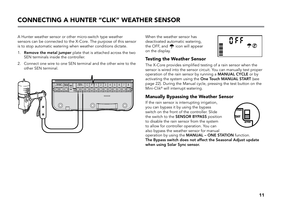 Connecting a hunter “clik” weather sensor, Testing the weather sensor, Manually bypassing the weather sensor | Hunter X-CORE User Manual | Page 13 / 32