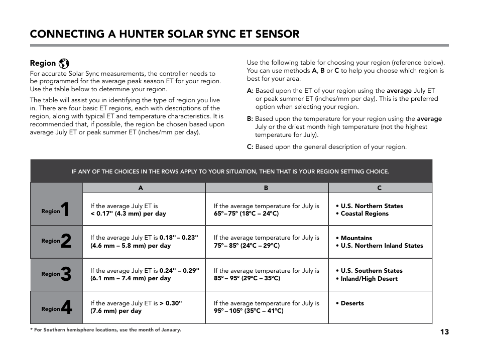 Region, Connecting a hunter solar sync et sensor | Hunter X-CORE User Manual | Page 15 / 32