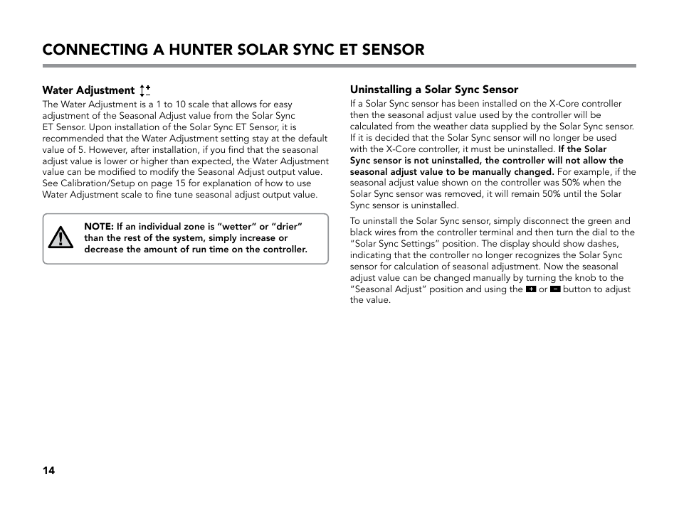 Uninstalling a solar sync sensor, Water adjustment, Connecting a hunter solar sync et sensor | Hunter X-CORE User Manual | Page 16 / 32