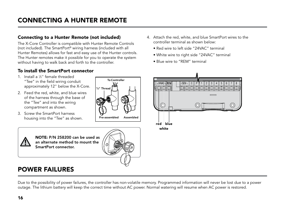 Connecting a hunter remote, Connecting to a hunter remote (not included), To install the smartport connector | Power failures | Hunter X-CORE User Manual | Page 18 / 32