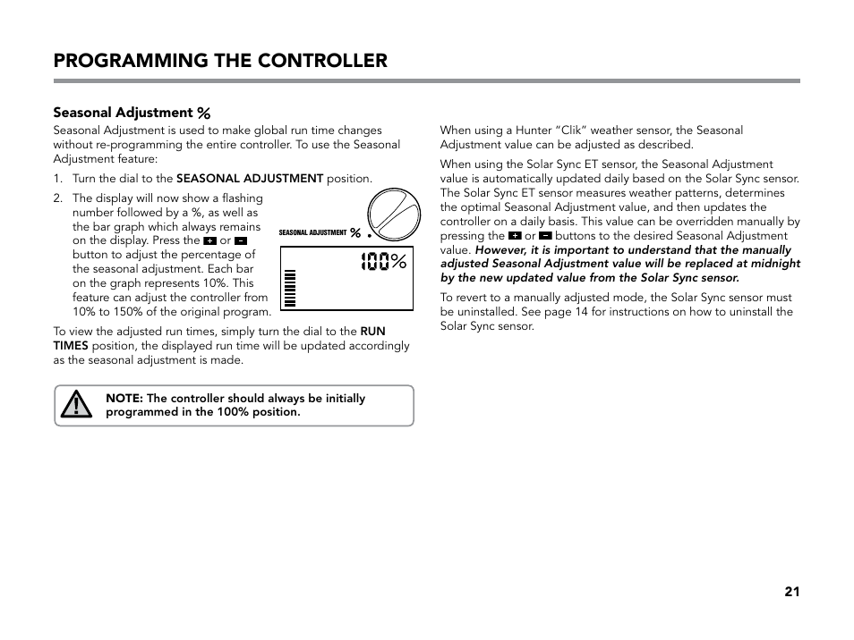 Seasonal adjustment, Programming the controller | Hunter X-CORE User Manual | Page 23 / 32
