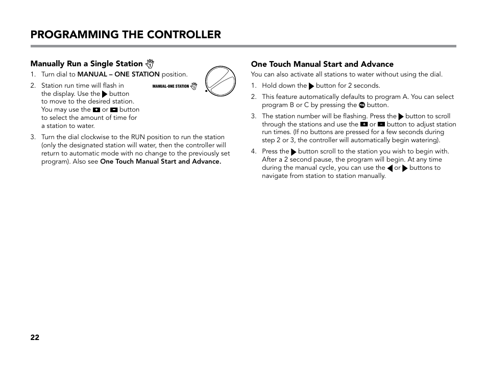 One touch manual start and advance, Manually run a single station, Programming the controller | Hunter X-CORE User Manual | Page 24 / 32