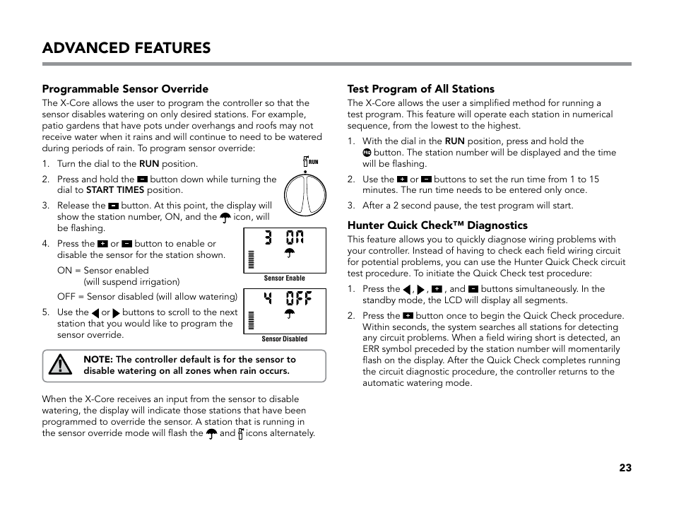 Advanced features, Programmable sensor override, Test program of all stations | Hunter quick check™ diagnostics | Hunter X-CORE User Manual | Page 25 / 32