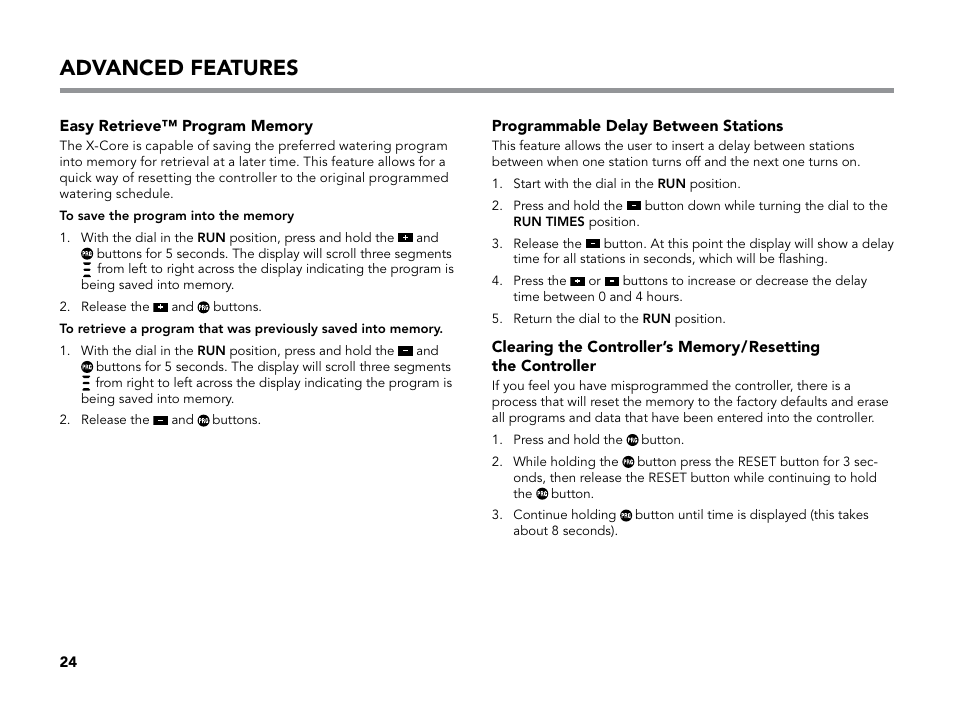 Programmable delay between stations, Easy retrieve™ program memory, Advanced features | Hunter X-CORE User Manual | Page 26 / 32
