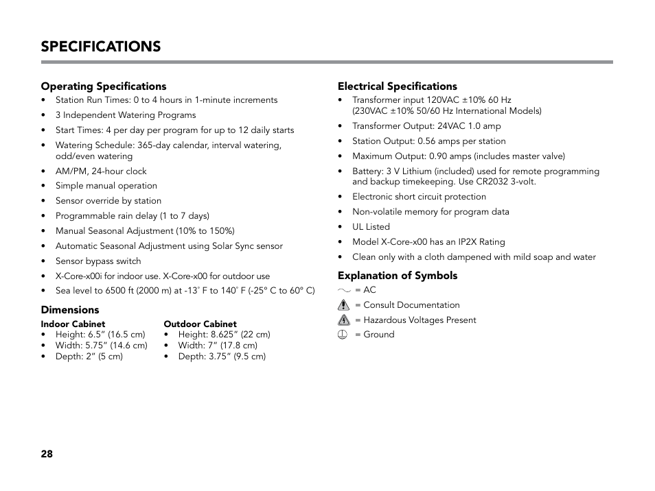 Specifications, Operating specifications, Electrical specifications | Explanation of symbols | Hunter X-CORE User Manual | Page 30 / 32