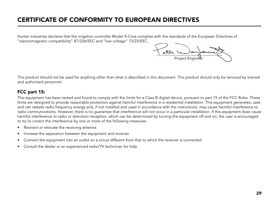 Certificate of conformity to european directives | Hunter X-CORE User Manual | Page 31 / 32