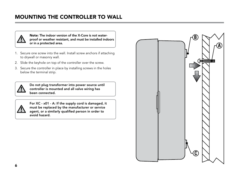 Mounting the controller to wall, Ca b | Hunter X-CORE User Manual | Page 8 / 32