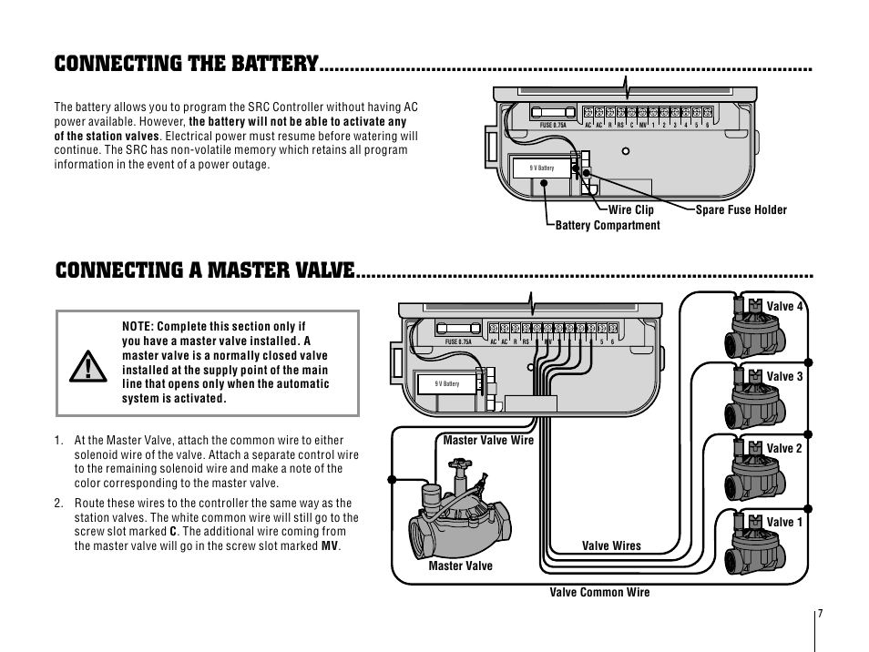 Connecting the battery, Connecting a master valve | Hunter SRC User Manual | Page 11 / 32
