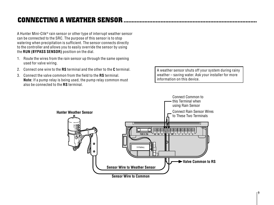 Connecting a weather sensor | Hunter SRC User Manual | Page 13 / 32