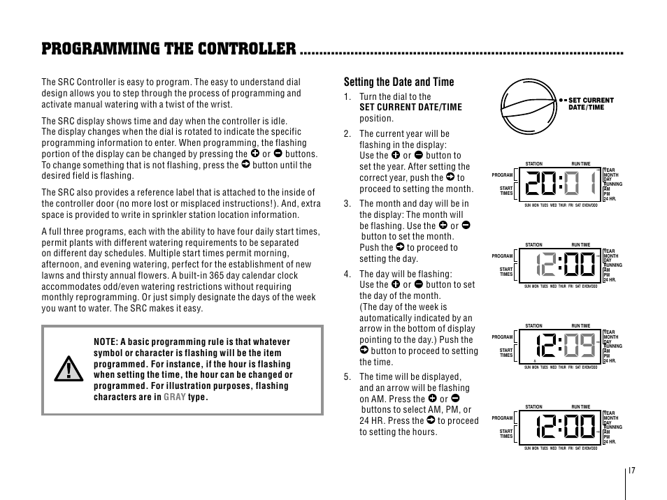 Programming the controller, Setting the date and time | Hunter SRC User Manual | Page 21 / 32