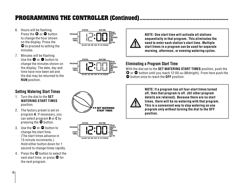 Setting watering start times, Eliminating a program start time, Programming the controller (continued) | Hunter SRC User Manual | Page 22 / 32