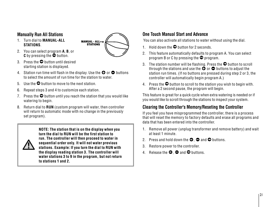 Manually run all stations, One touch manual start and advance | Hunter SRC User Manual | Page 25 / 32