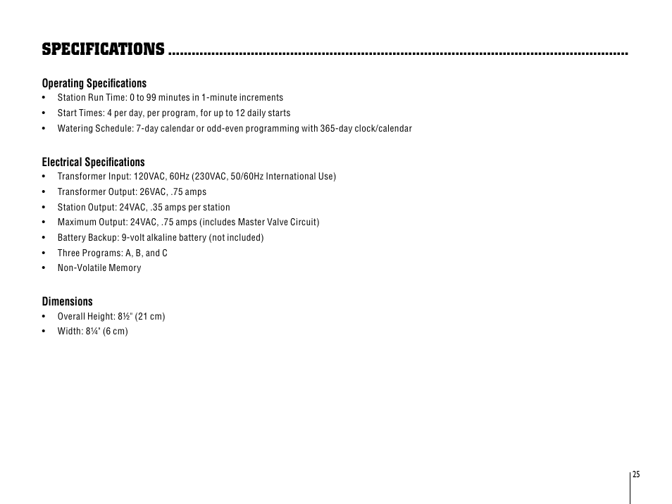 Specifications | Hunter SRC User Manual | Page 29 / 32