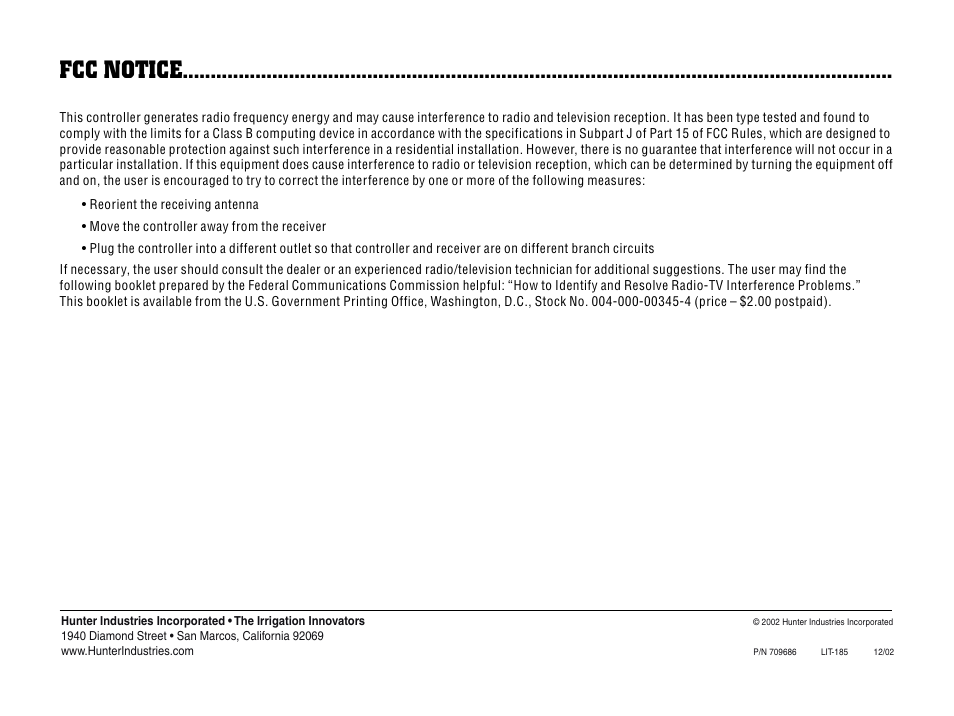 Fcc notice | Hunter SRC User Manual | Page 32 / 32