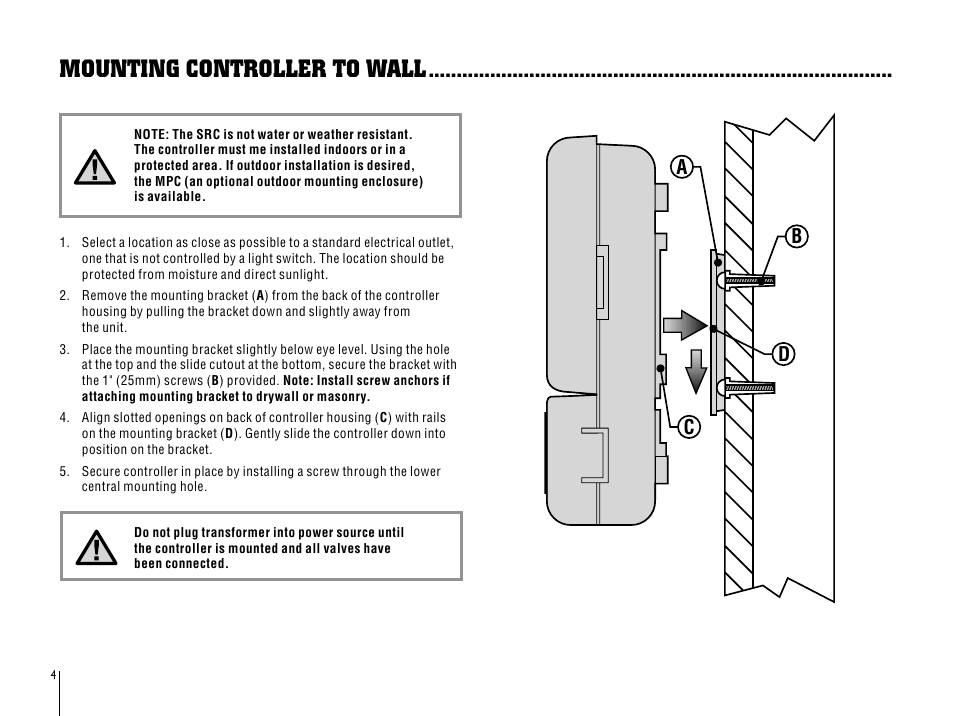 Mounting controller to wall, Ab c d | Hunter SRC User Manual | Page 8 / 32