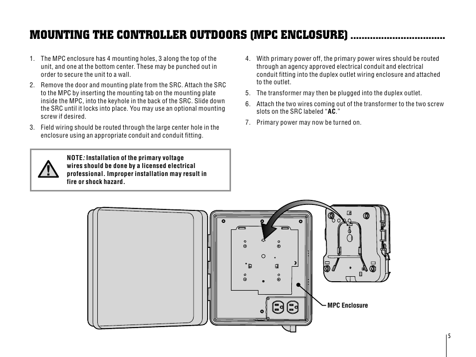 Mounting the controller outdoors (mpc), Mounting the controller outdoors (mpc enclosure) | Hunter SRC User Manual | Page 9 / 32