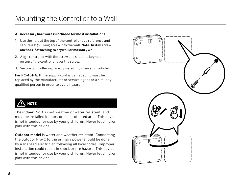 Mounting the controller to a wall | Hunter PRO-C (PCC) User Manual | Page 8 / 40