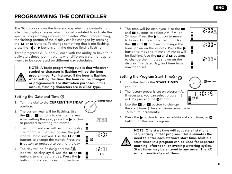 Programming the controller, Setting the date and time, Setting the program start time(s) | Hunter XC User Manual | Page 11 / 20