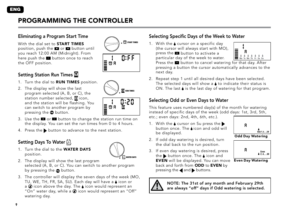 Eliminating a program start time, Setting station run times, Setting days to water | Selecting specific days of the week to water, Programming the controller, Selecting odd or even days to water | Hunter XC User Manual | Page 12 / 20