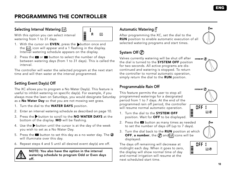 Selecting interval watering, Setting event day(s) off, Automatic watering | System off, Programmable rain off, Programming the controller | Hunter XC User Manual | Page 13 / 20