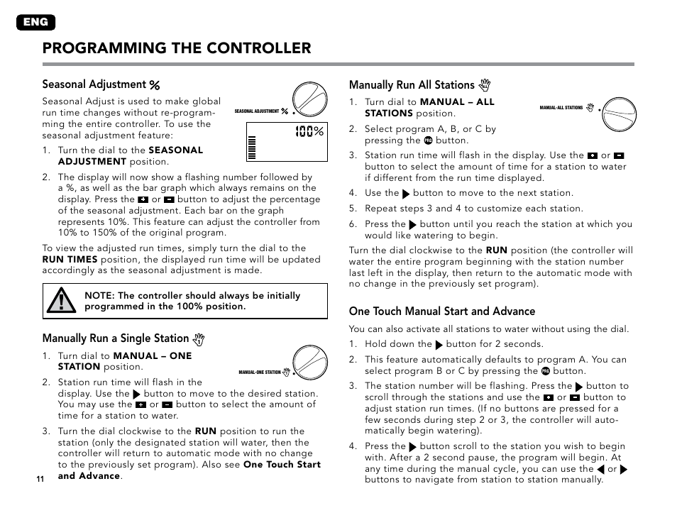 Seasonal adjustment, Manually run a single station, Manually run all stations | One touch manual start and advance, Programming the controller | Hunter XC User Manual | Page 14 / 20