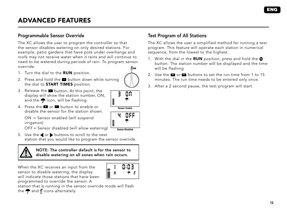 Advanced features, Programmable sensor override, Test program of all stations | Hunter XC User Manual | Page 15 / 20