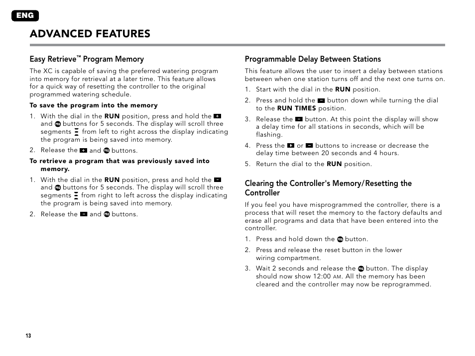 Easy retrieve™ program memory, Programmable delay between stations, Advanced features | Hunter XC User Manual | Page 16 / 20