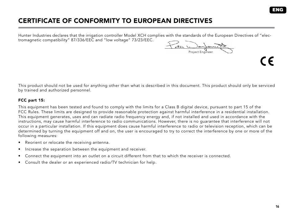 Certificate of conformity to european directives | Hunter XC User Manual | Page 19 / 20
