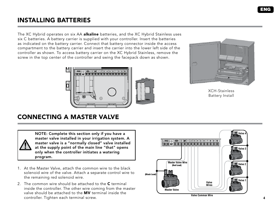 Installing batteries, Connecting a master valve | Hunter XC User Manual | Page 7 / 20