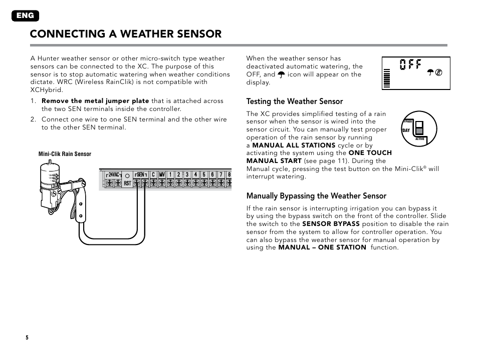 Connecting a weather sensor, Testing the weather sensor, Manually bypassing the weather sensor | Hunter XC User Manual | Page 8 / 20