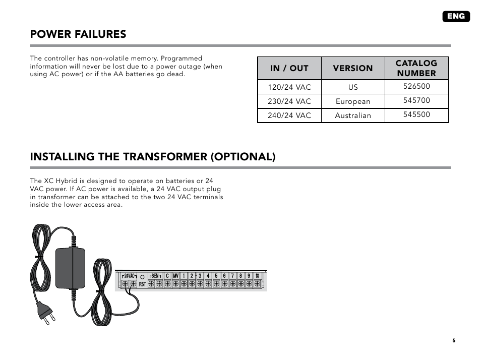 Power failures, Installing the transformer (optional) | Hunter XC User Manual | Page 9 / 20