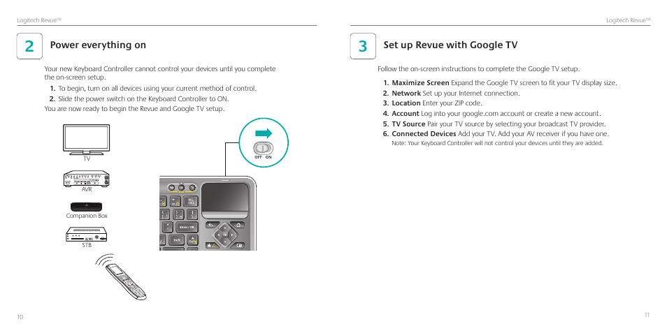 Set up revue with google tv, Power everything on | Logitech Revue User Manual | Page 6 / 9