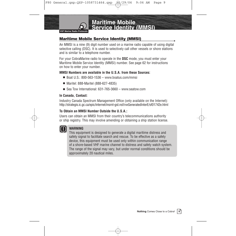 Maritime mobile service identity (mmsi) | Cobra Electronics Mrf 80b User Manual | Page 12 / 83